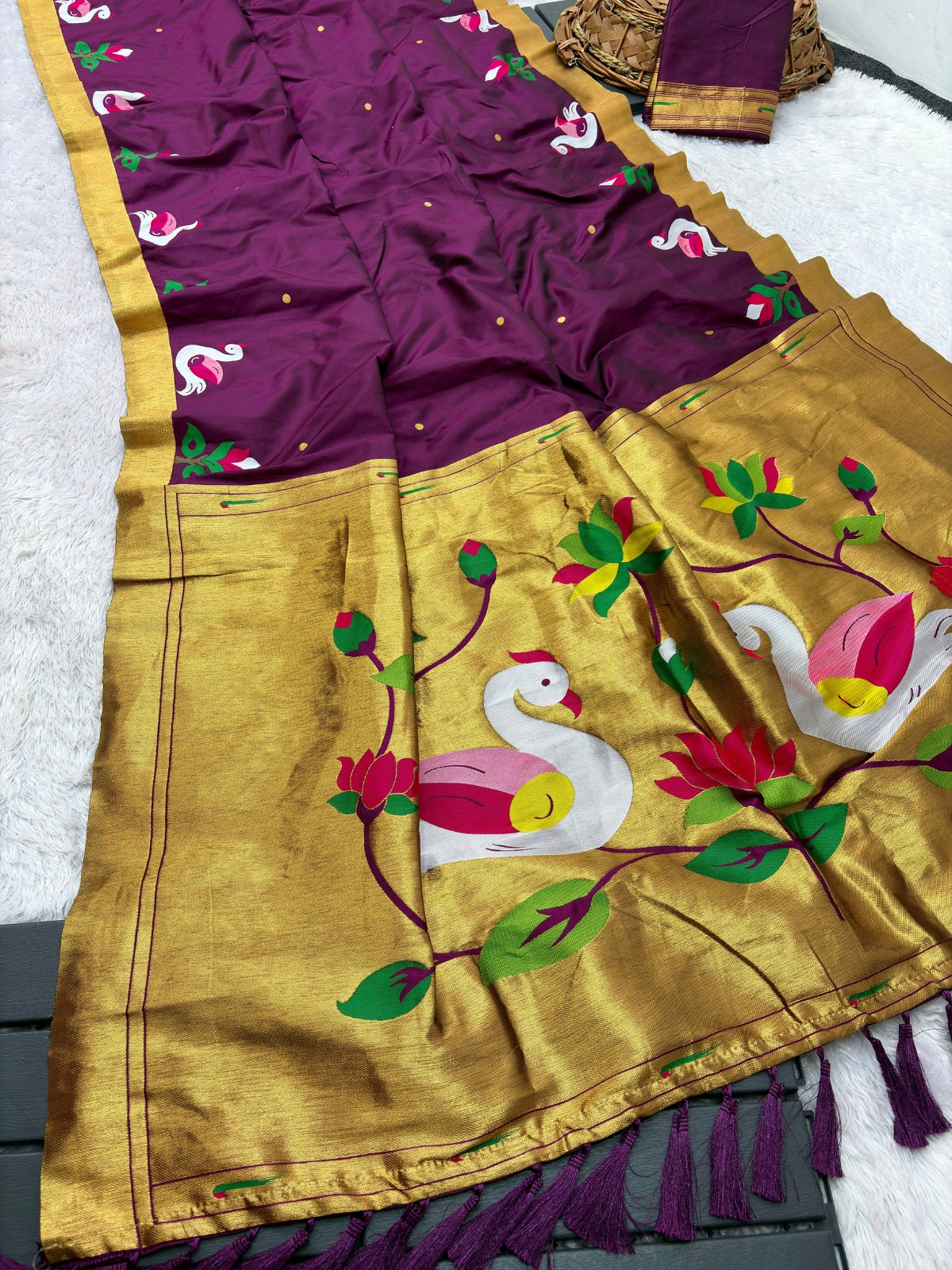 Wine Soft Paithani Silk Saree with Swan Concept Saree