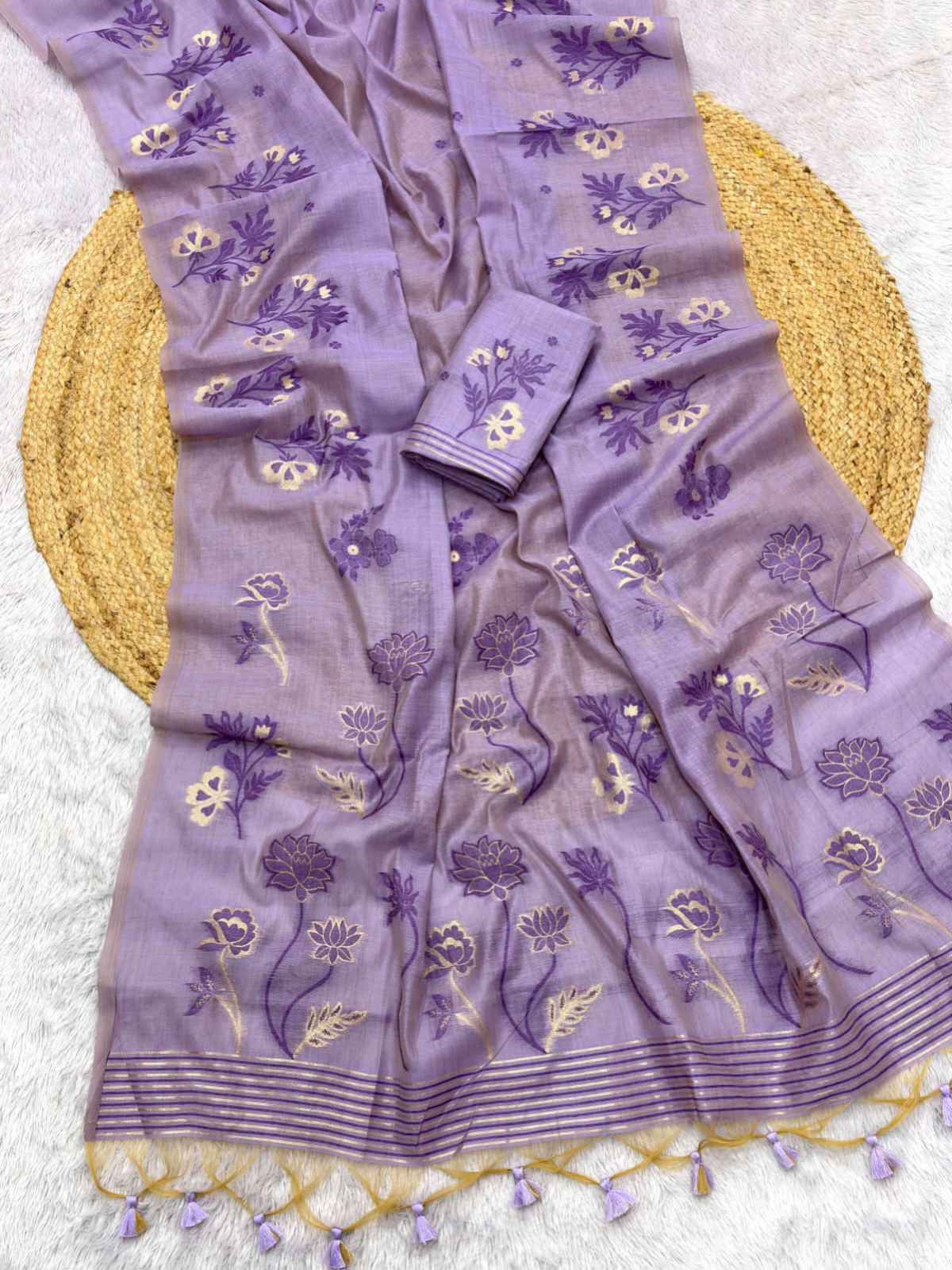 Lavender Soft Muga Cotton Saree with Floral Pattern Saree
