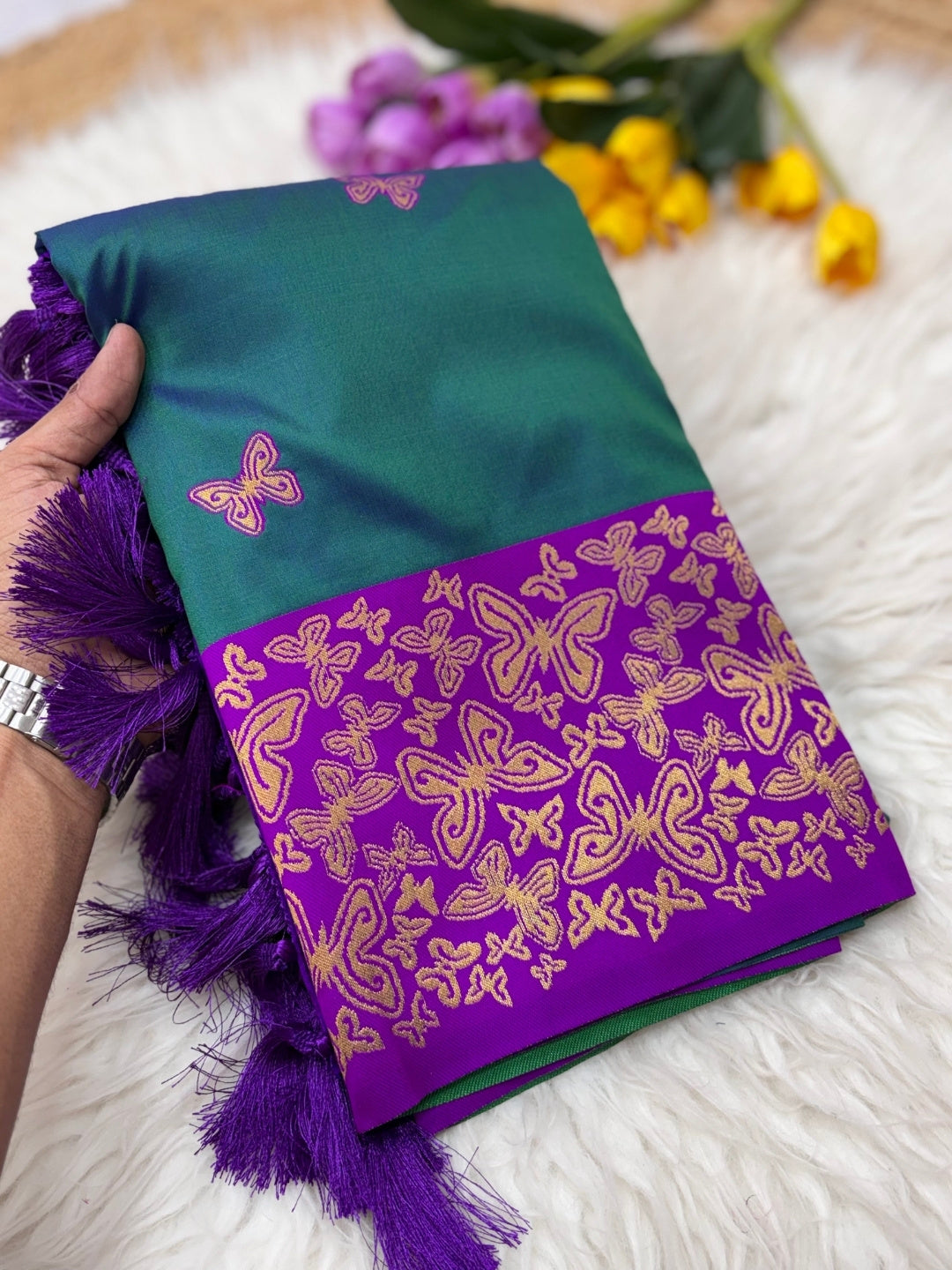 Peacock Blue Soft Silk Zari Woven Saree with Butterfly Concept Saree