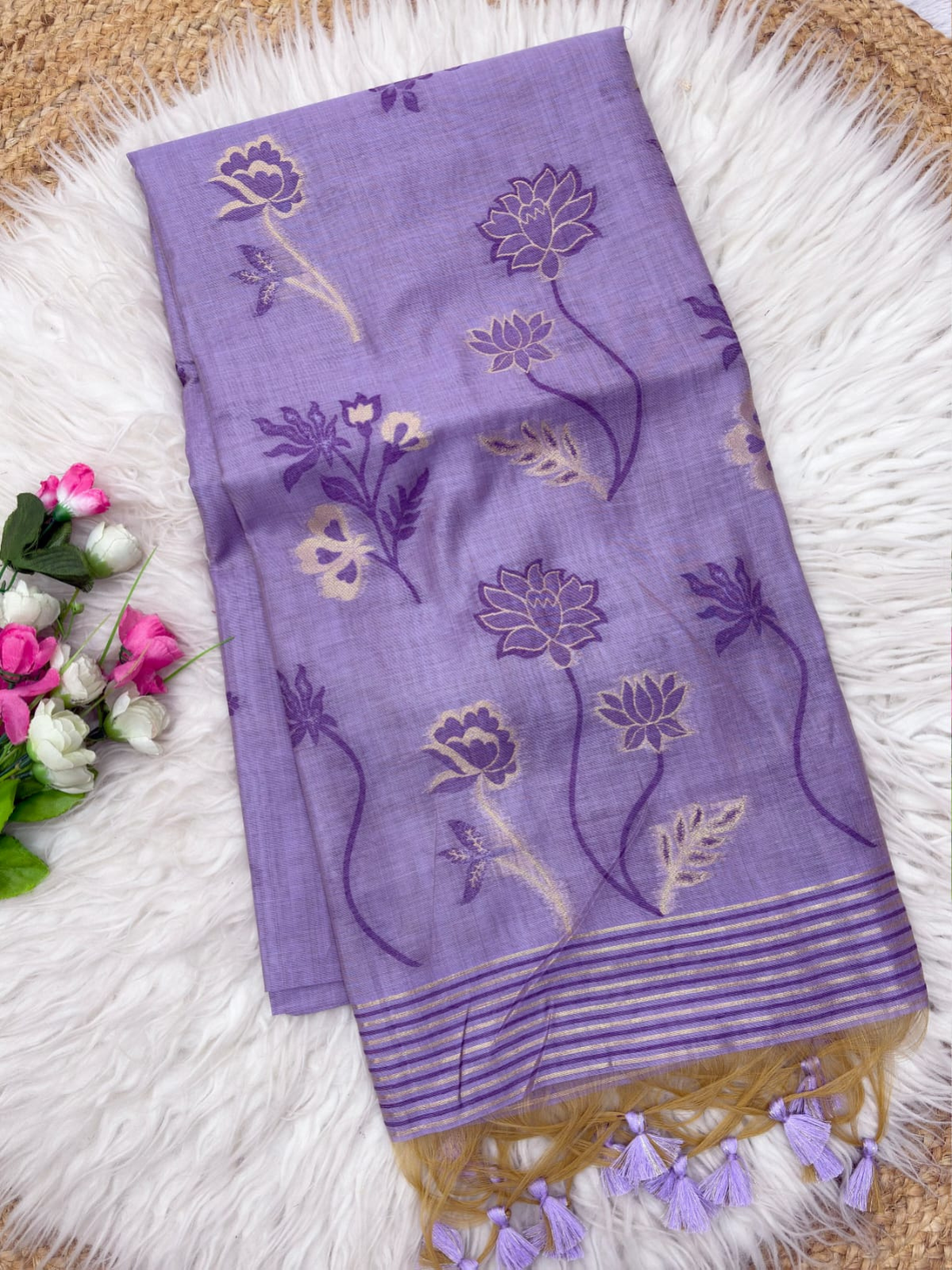 Lavender Soft Muga Cotton Saree with Floral Pattern Saree