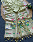 Pista Green Premium Flora Tussar Silk Resham Paithani Saree
