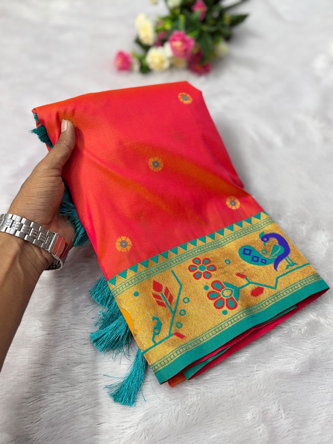 Peach Traditional Yeola Paithani Silk Zari Woven Saree