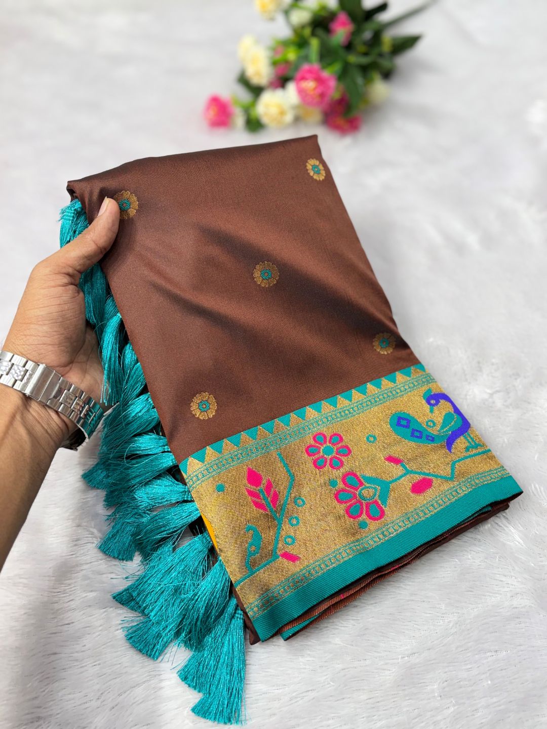 Coffee Traditional Yeola Paithani Silk Zari Woven Saree