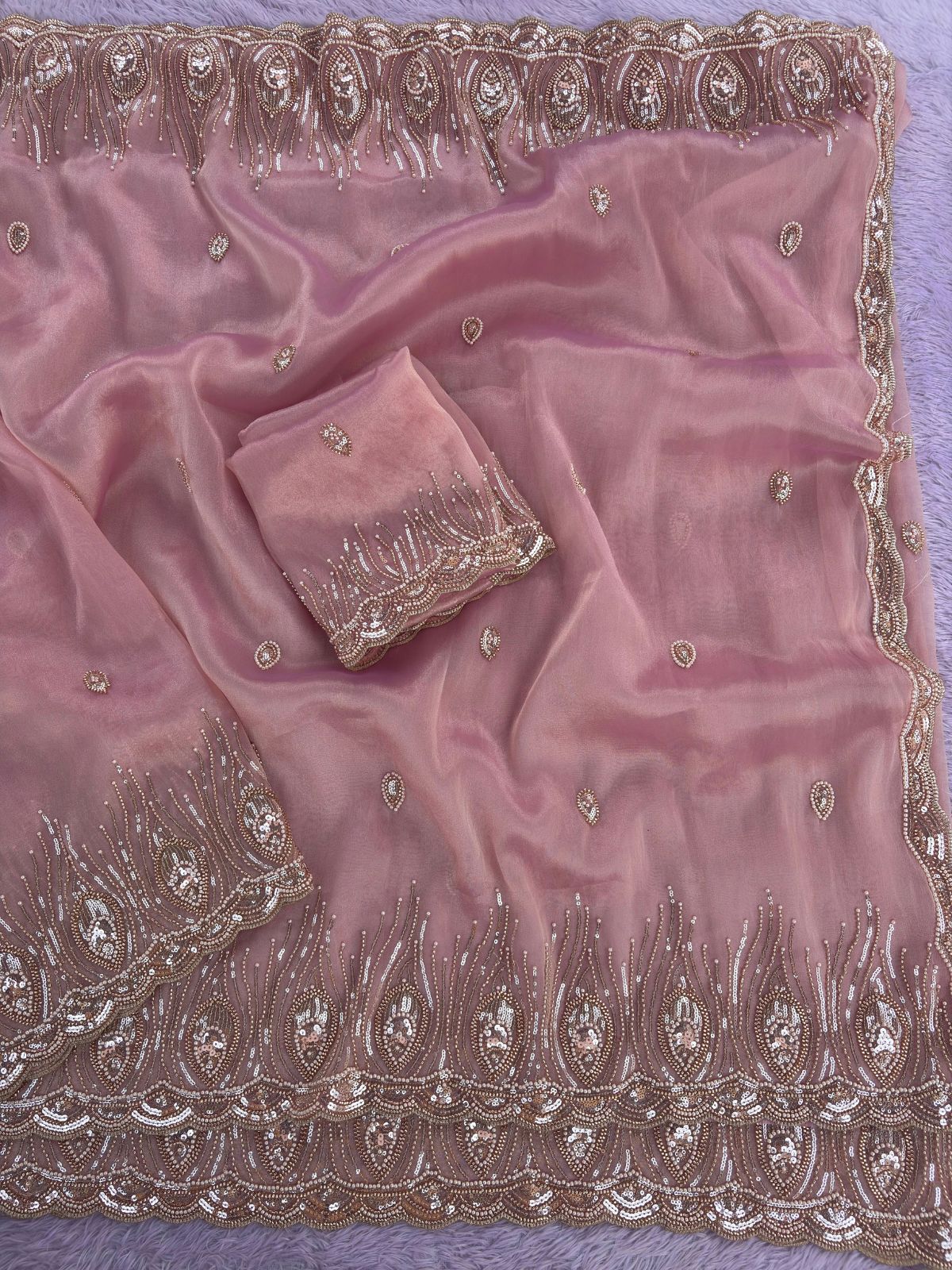 Onion Pink Premium Tissue Scuba Silk Saree with Pearl Work