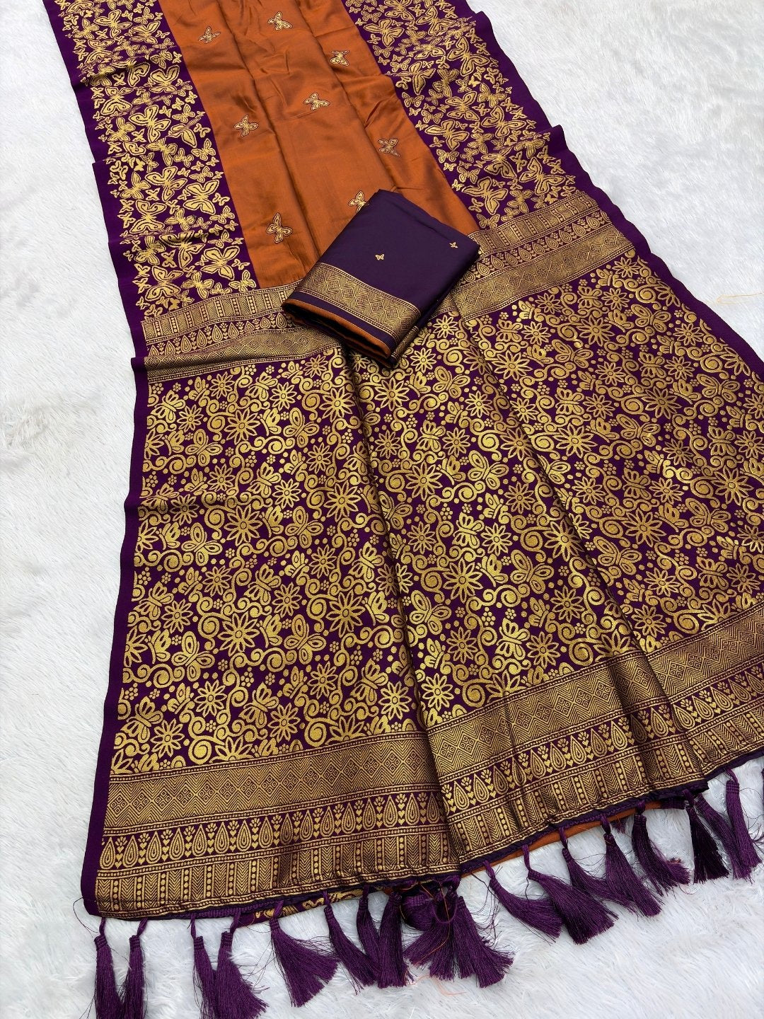 Rust Soft Silk Zari Woven Saree with Butterfly Concept Saree