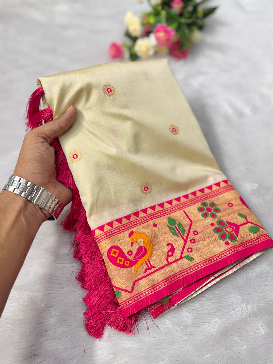 Cream Traditional Yeola Paithani Silk Zari Woven Saree