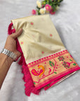 Cream Traditional Yeola Paithani Silk Zari Woven Saree
