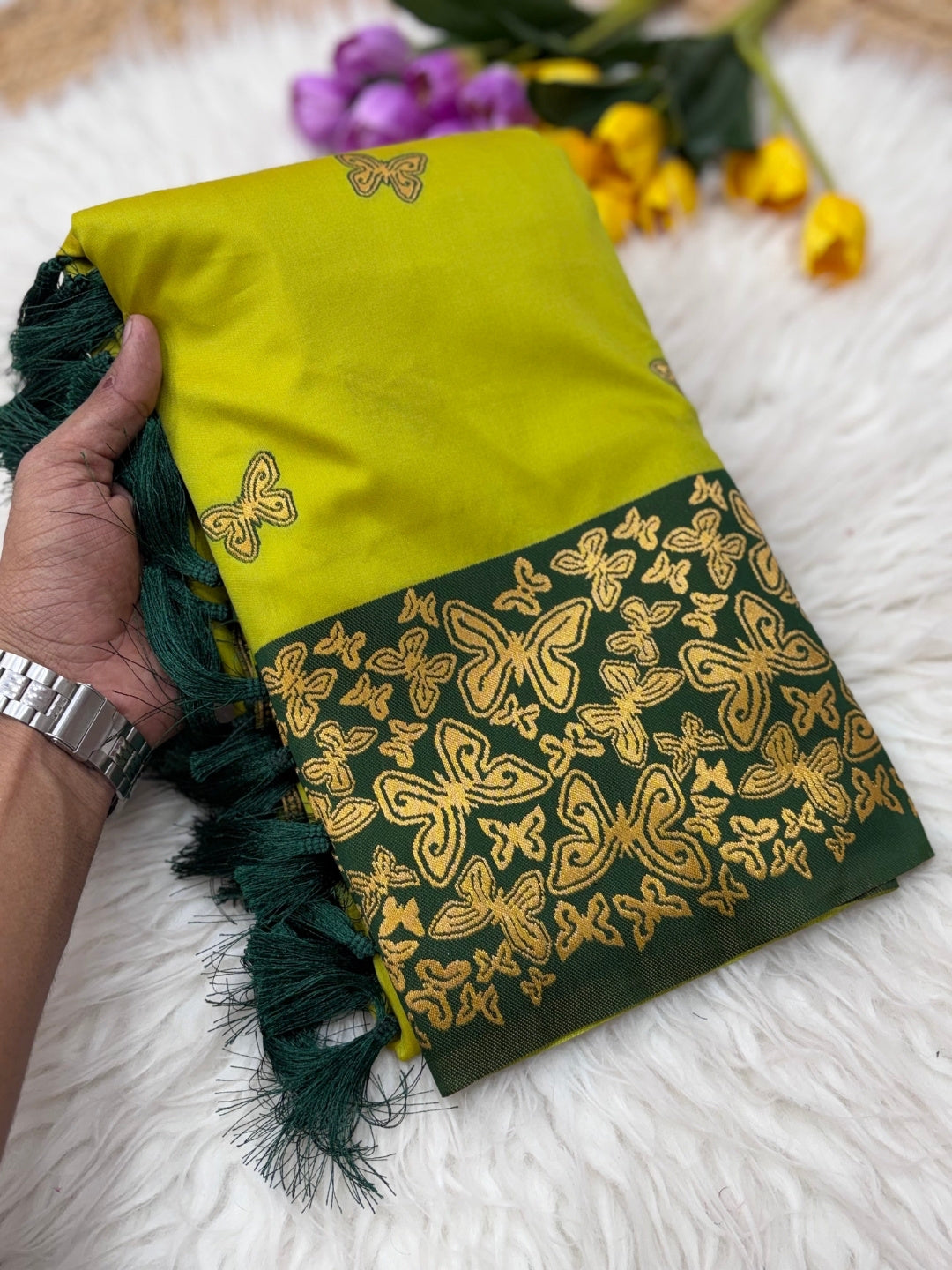 Mehendi Green Soft Silk Zari Woven Saree with Butterfly Concept Saree