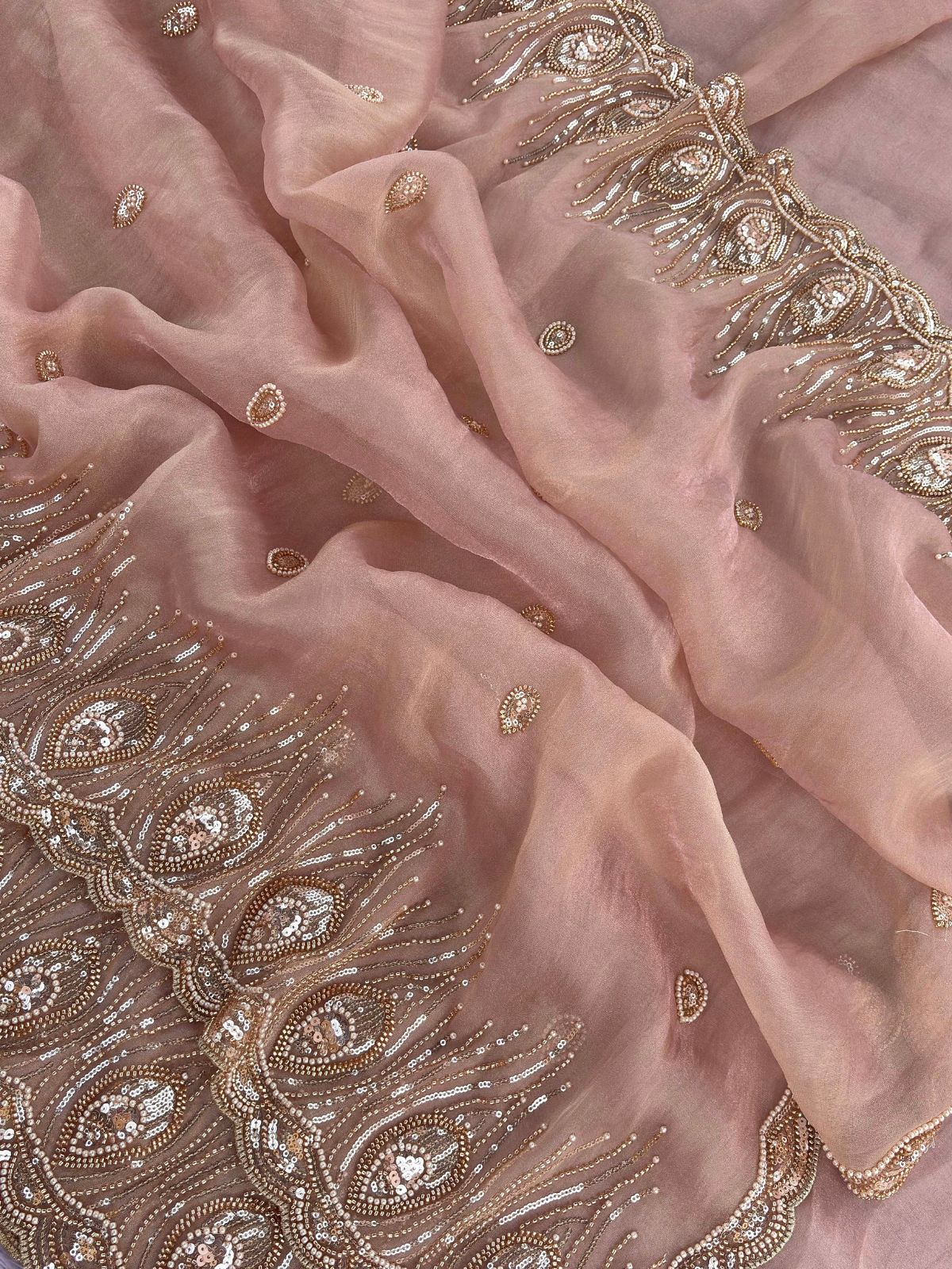 Peach Premium Tissue Scuba Silk Saree with Pearl Work