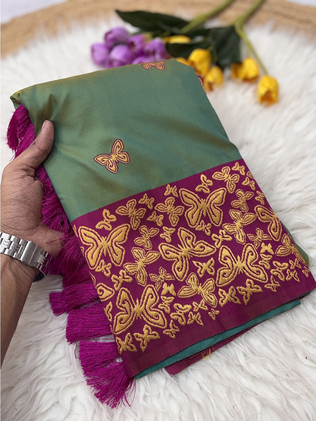 Green Soft Silk Zari Woven Saree with Butterfly Concept Saree