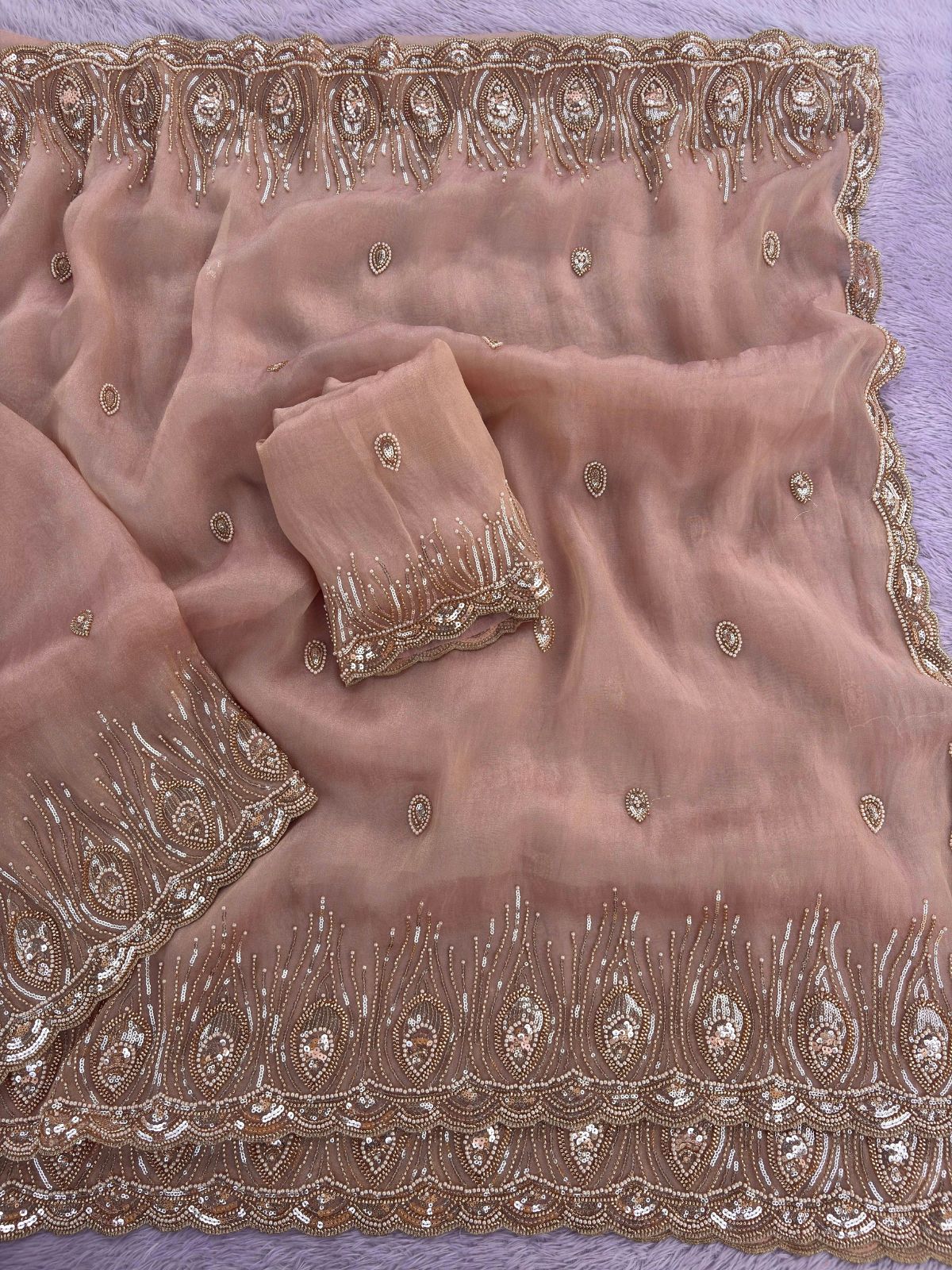 Peach Premium Tissue Scuba Silk Saree with Pearl Work