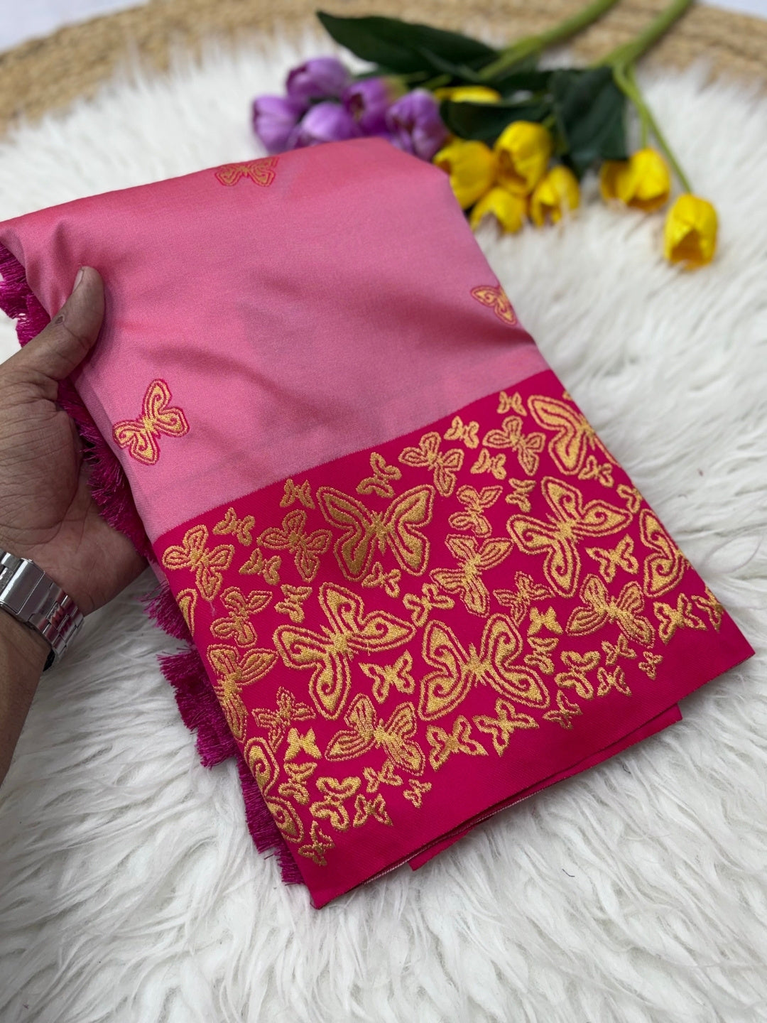 Pink Soft Silk Zari Woven Saree with Butterfly Concept Saree