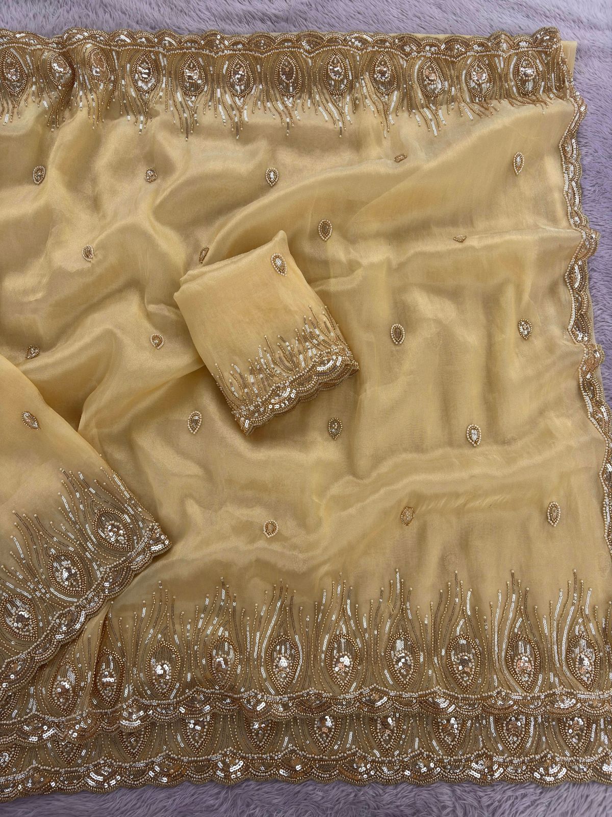 Yellow Premium Tissue Scuba Silk Saree with Pearl Work