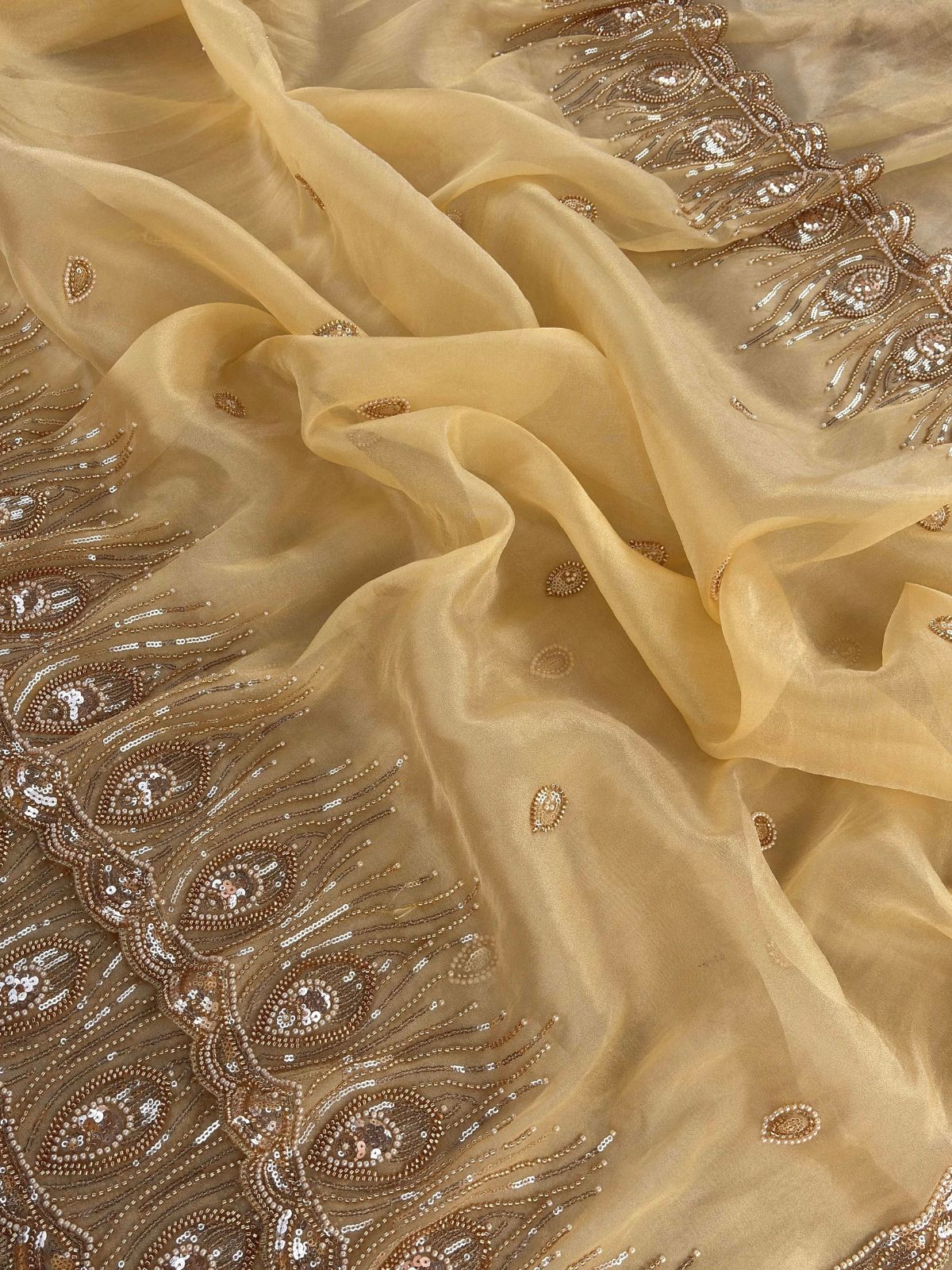 Yellow Premium Tissue Scuba Silk Saree with Pearl Work