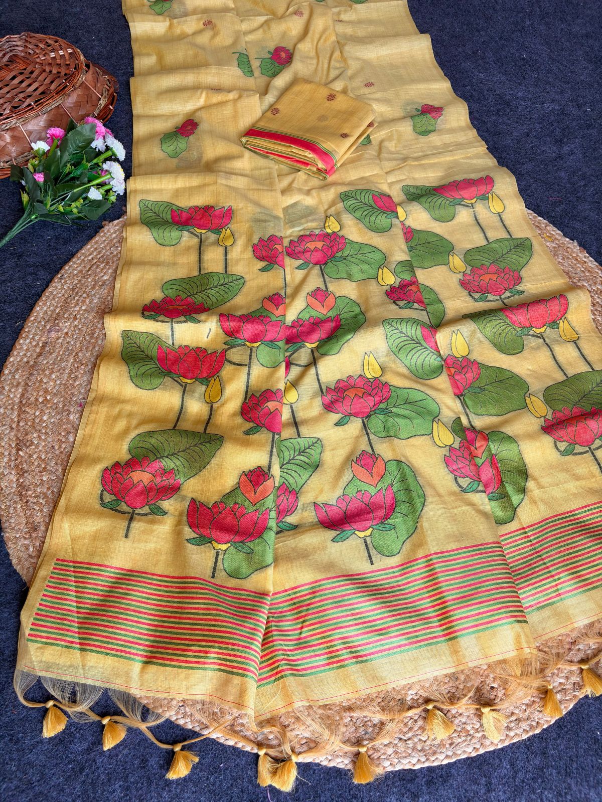 Yellow Soft Flora Cotton Resham Saree with Lotus Pattern Saree