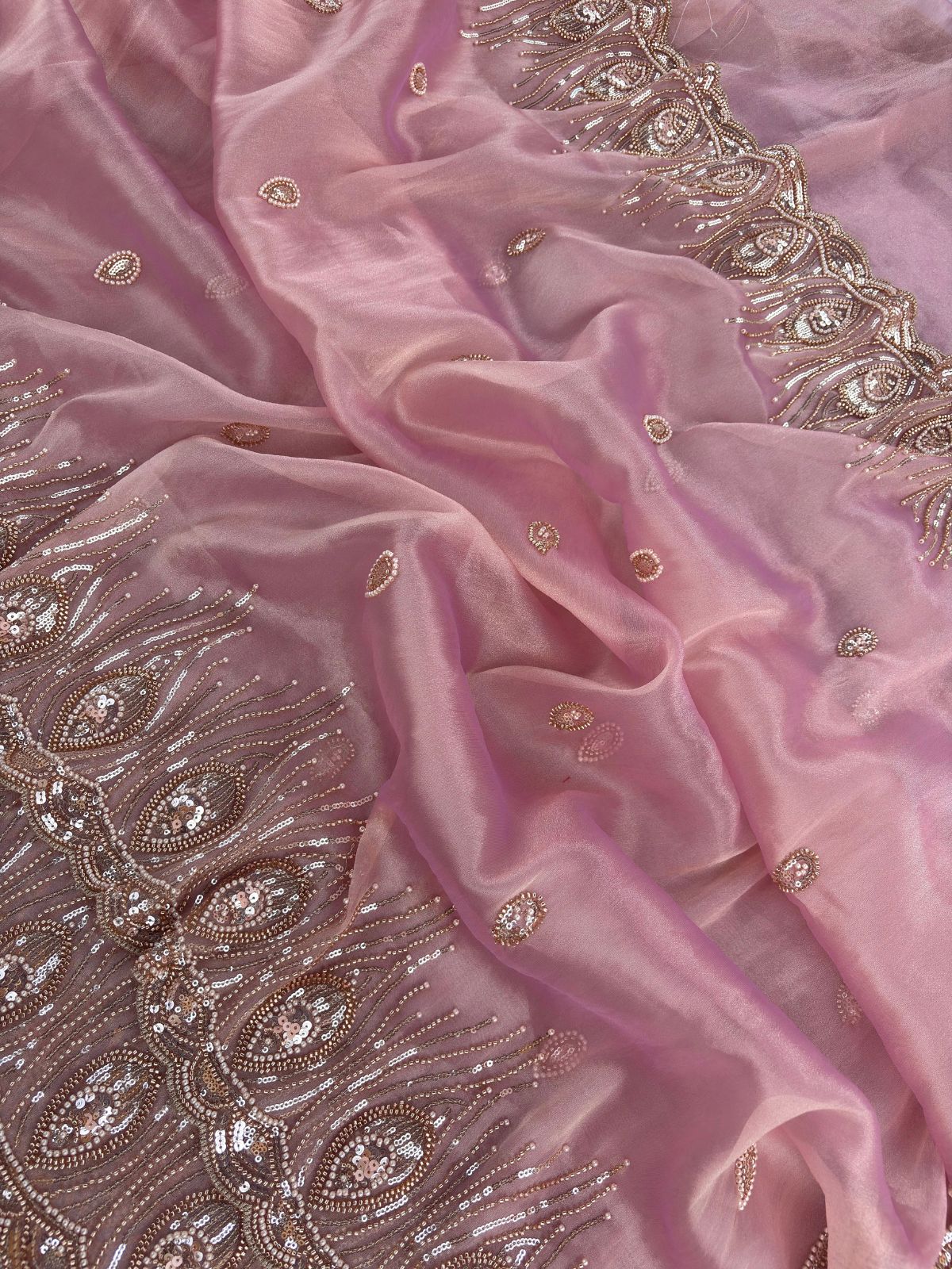 Onion Pink Premium Tissue Scuba Silk Saree with Pearl Work
