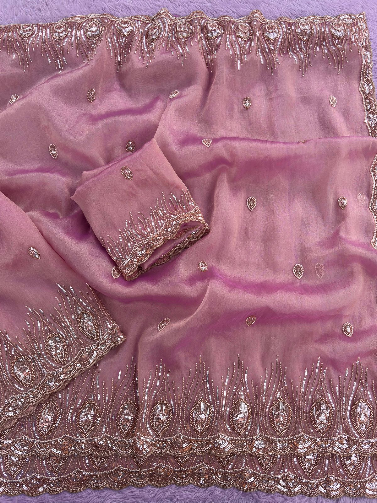 Light Pink Premium Tissue Scuba Silk Saree with Pearl Work