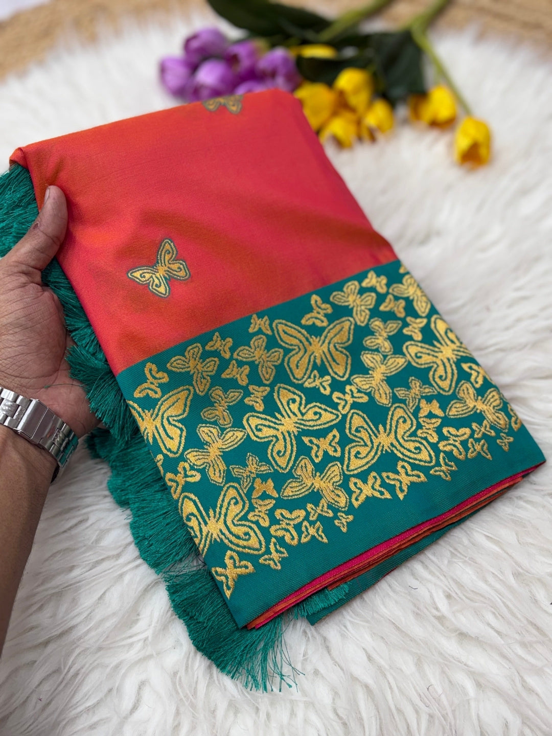 Peach Soft Silk Zari Woven Saree with Butterfly Concept Saree