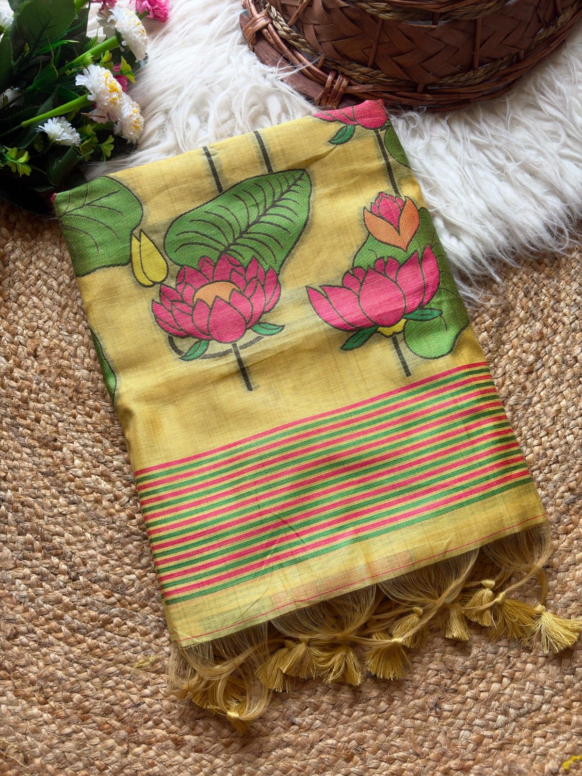 Yellow Soft Flora Cotton Resham Saree with Lotus Pattern Saree