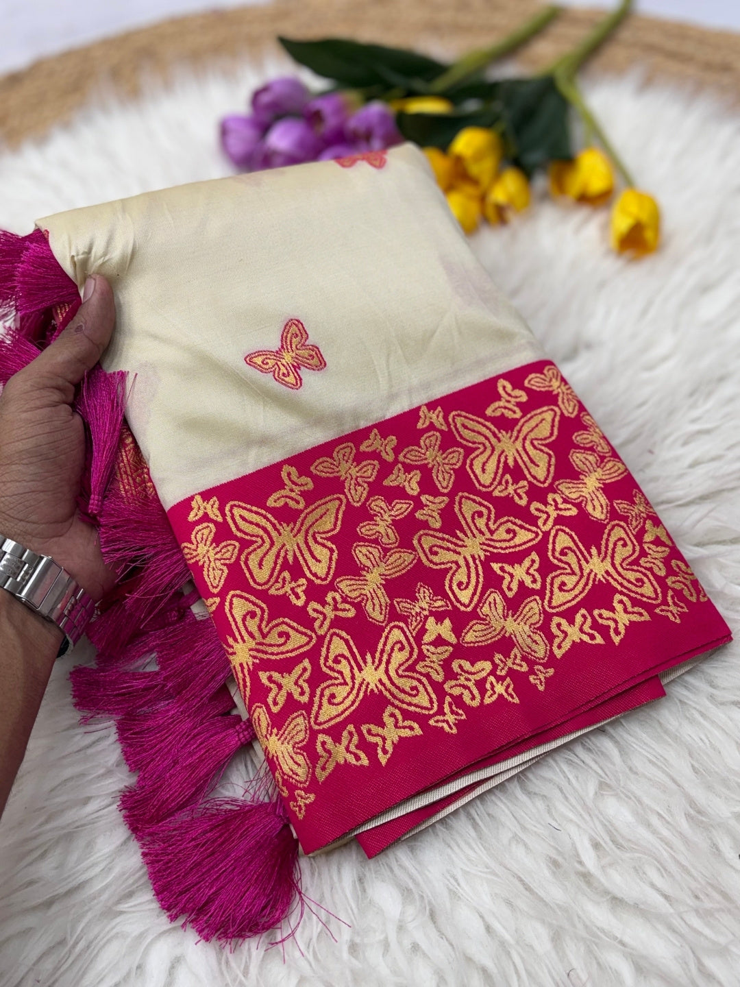 Cream Soft Silk Zari Woven Saree with Butterfly Concept Saree
