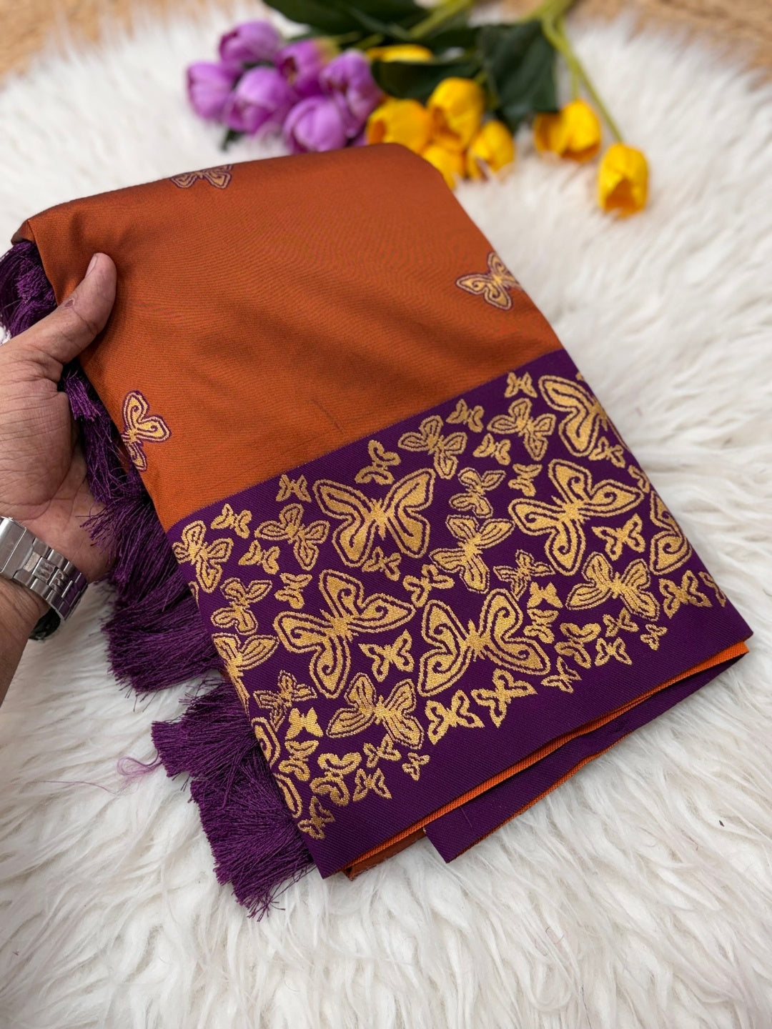 Rust Soft Silk Zari Woven Saree with Butterfly Concept Saree