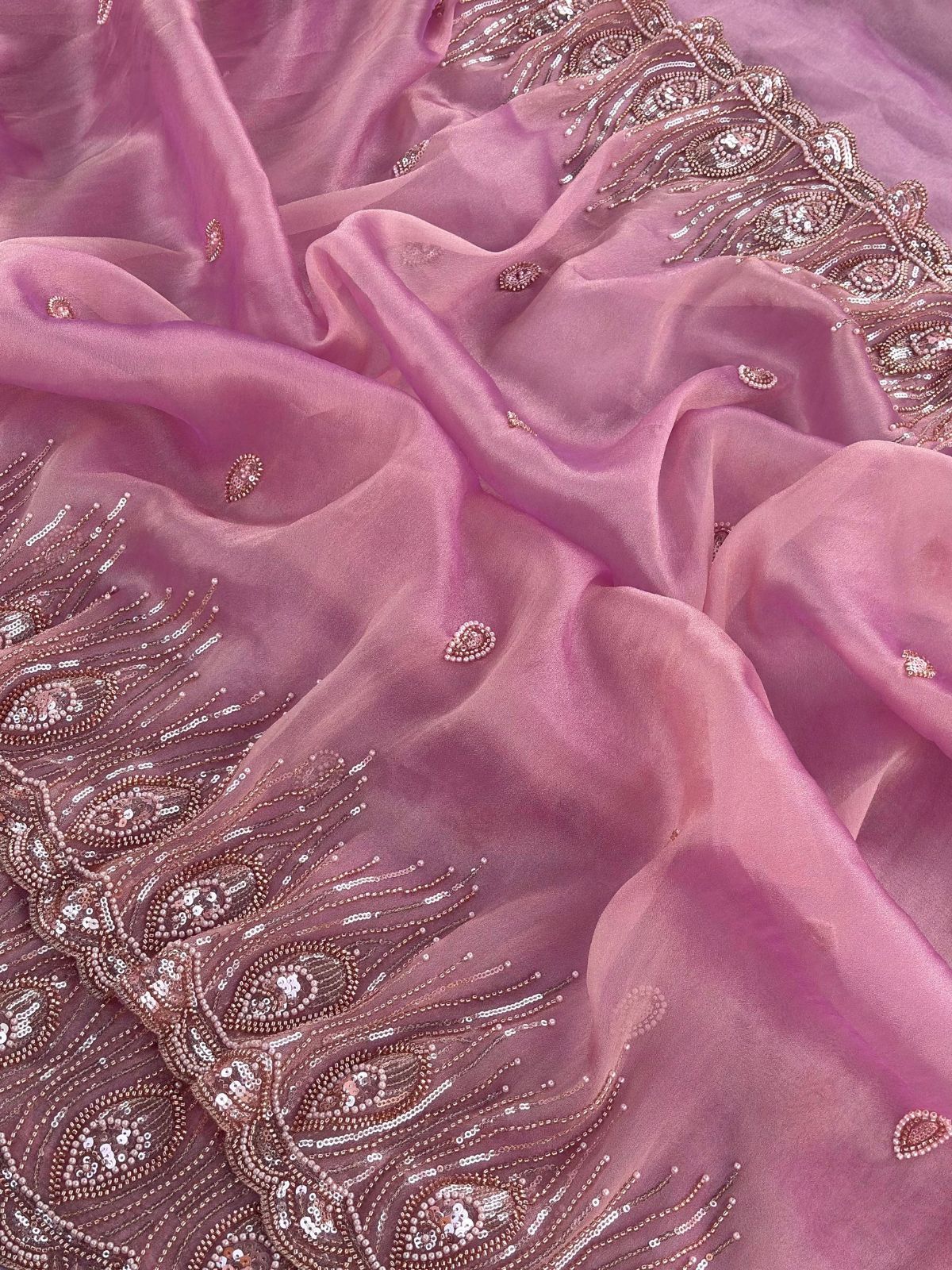Light Pink Premium Tissue Scuba Silk Saree with Pearl Work