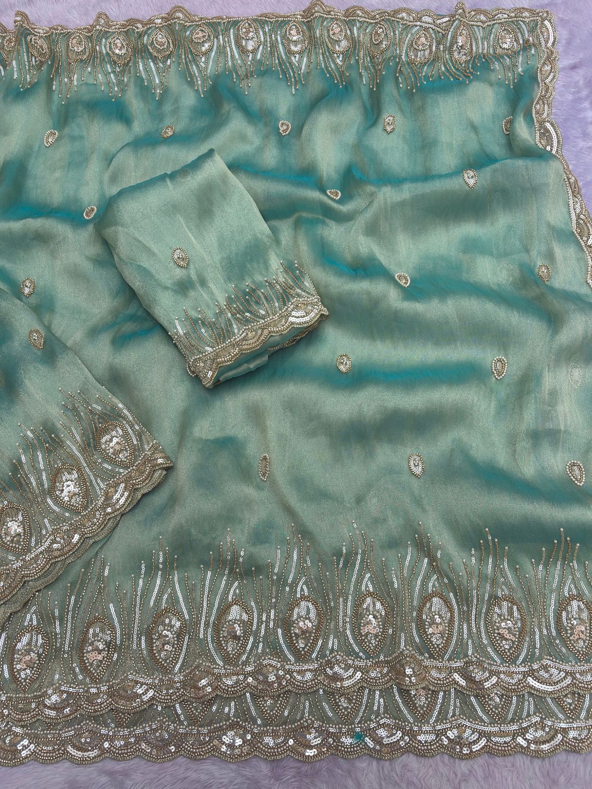 Sky Blue Premium Tissue Scuba Silk Saree with Pearl Work