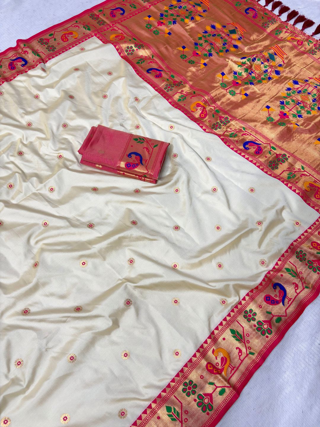 Cream Traditional Yeola Paithani Silk Zari Woven Saree