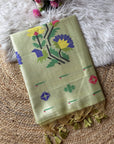 Pista Green Premium Flora Tussar Silk Resham Paithani Saree