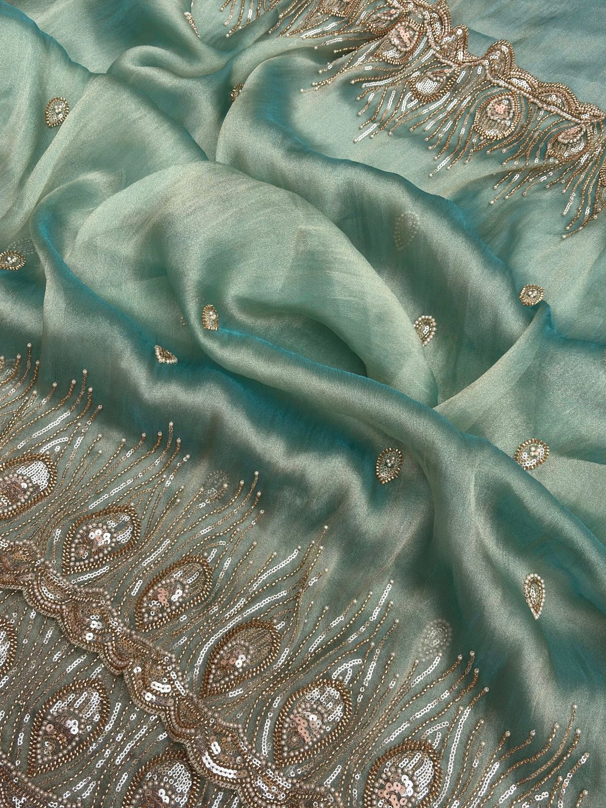 Sky Blue Premium Tissue Scuba Silk Saree with Pearl Work