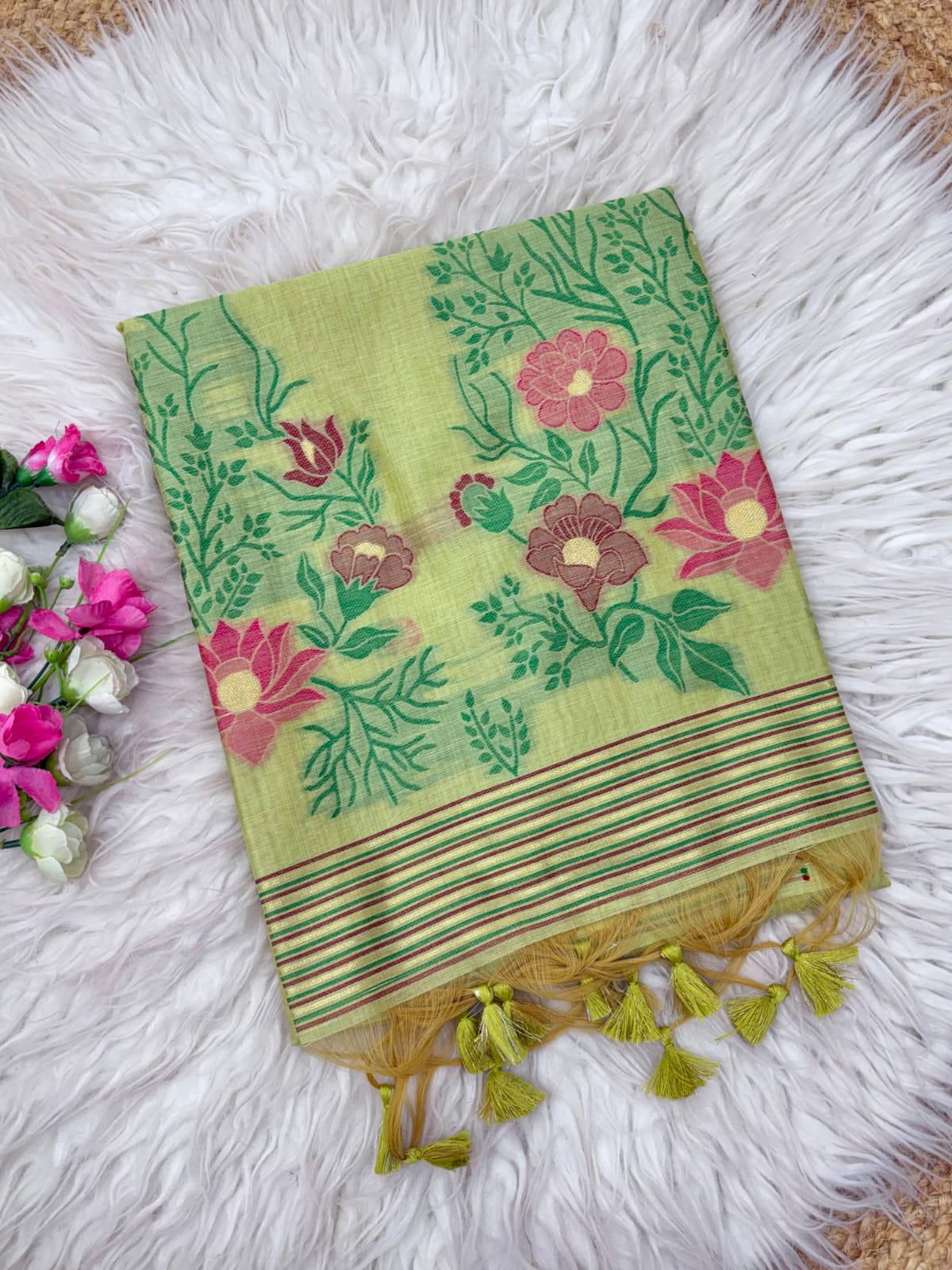 Pista Green Premium Floral Tussar Resham Saree