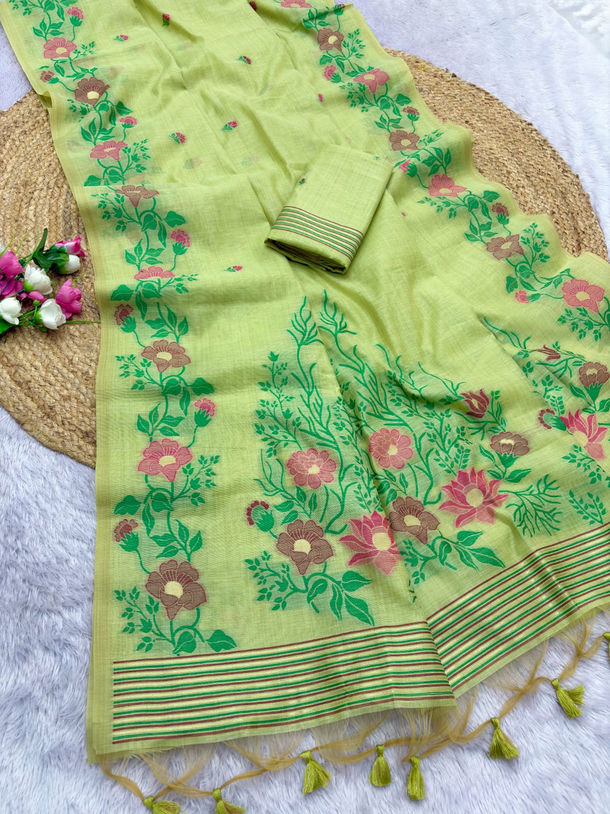 Pista Green Premium Floral Tussar Resham Saree