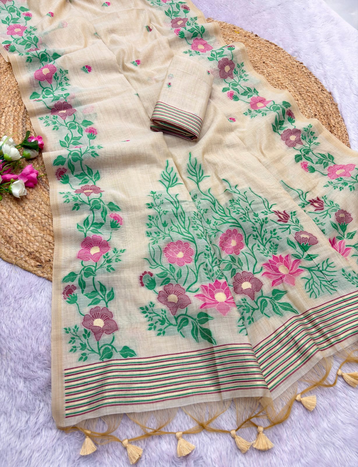 White Premium Floral Tussar Resham Saree
