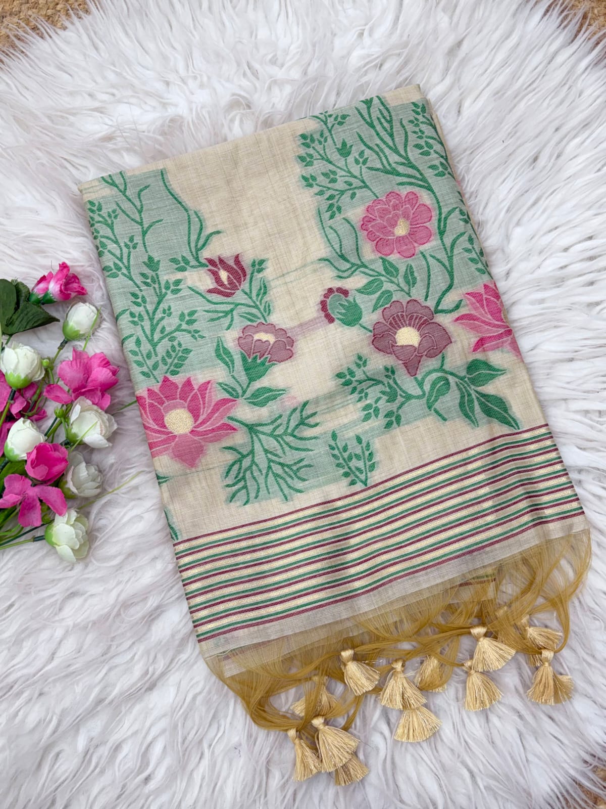 White Premium Floral Tussar Resham Saree
