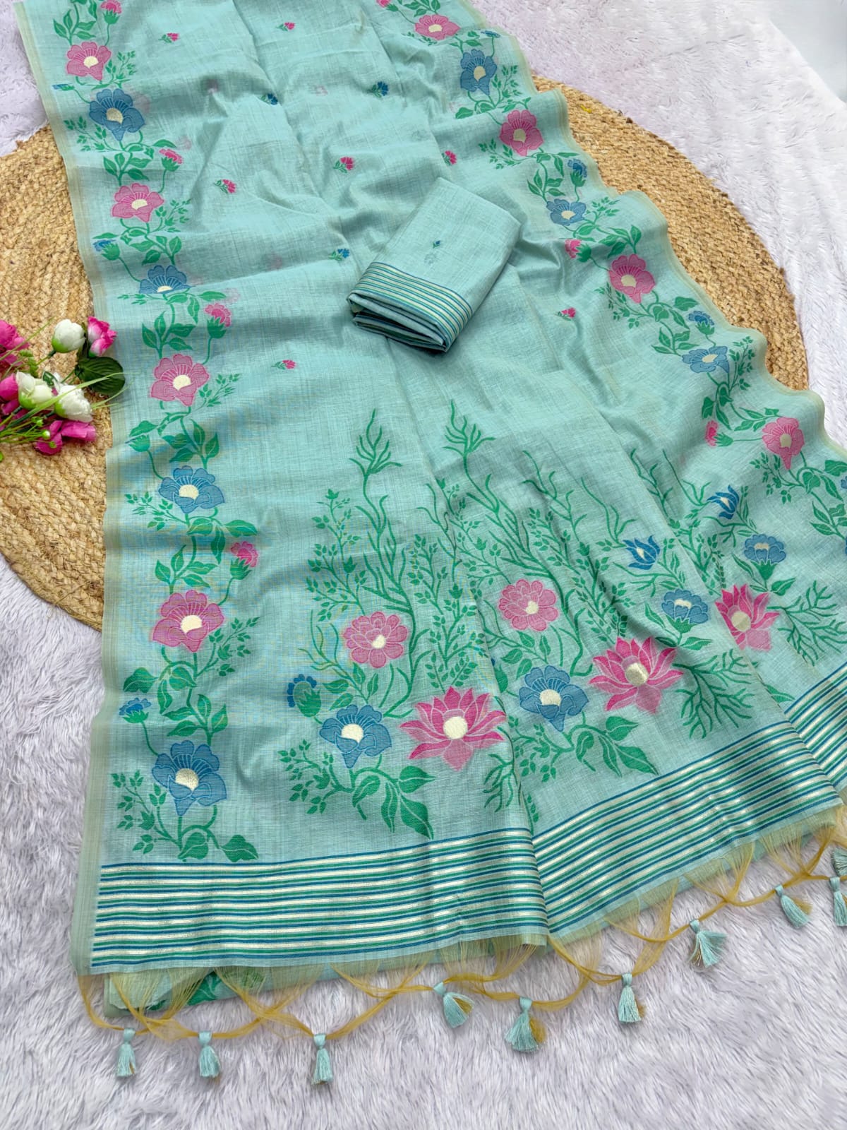 Sky Blue Premium Floral Tussar Resham Saree