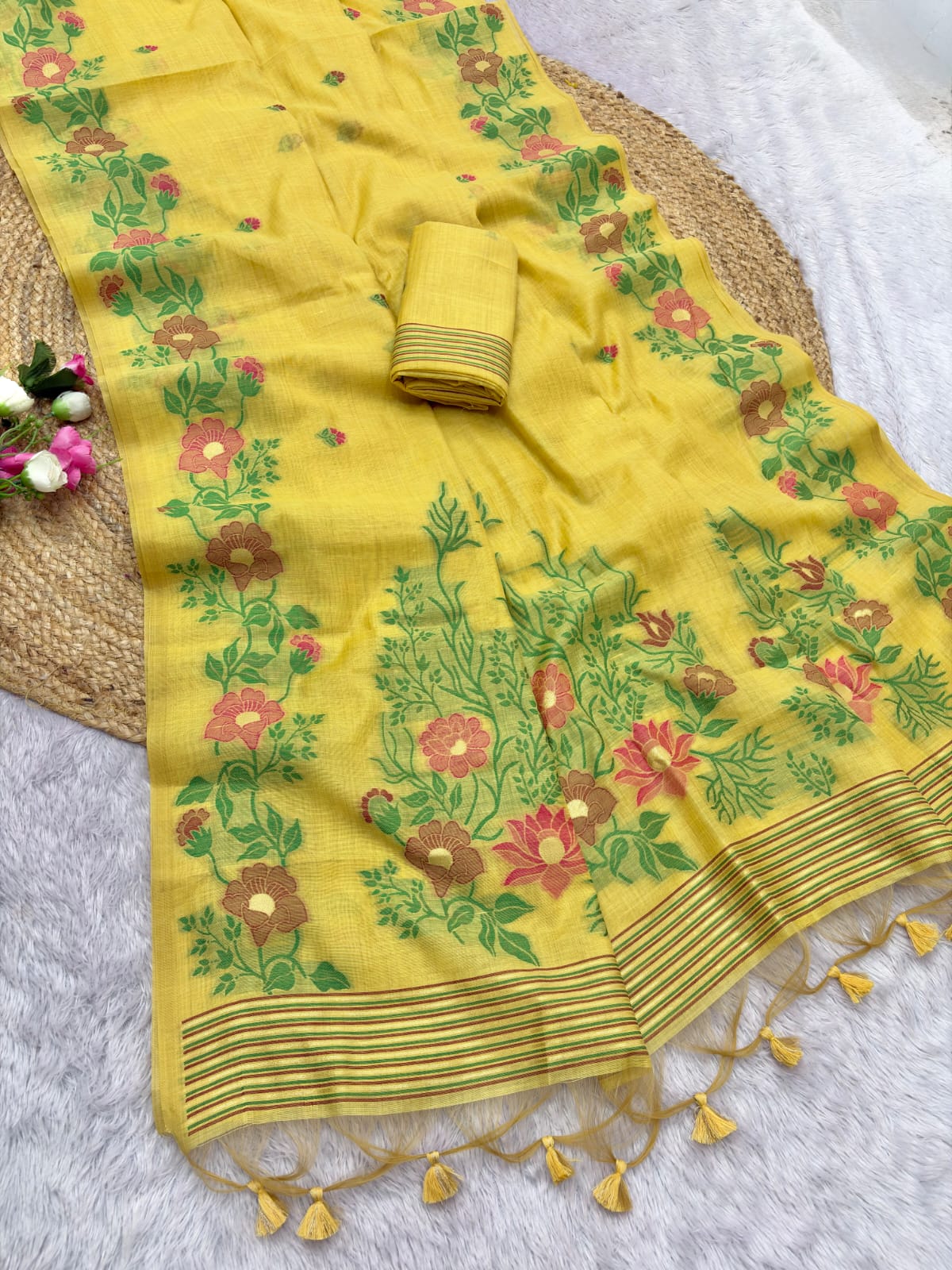 Yellow Premium Floral Tussar Resham Saree