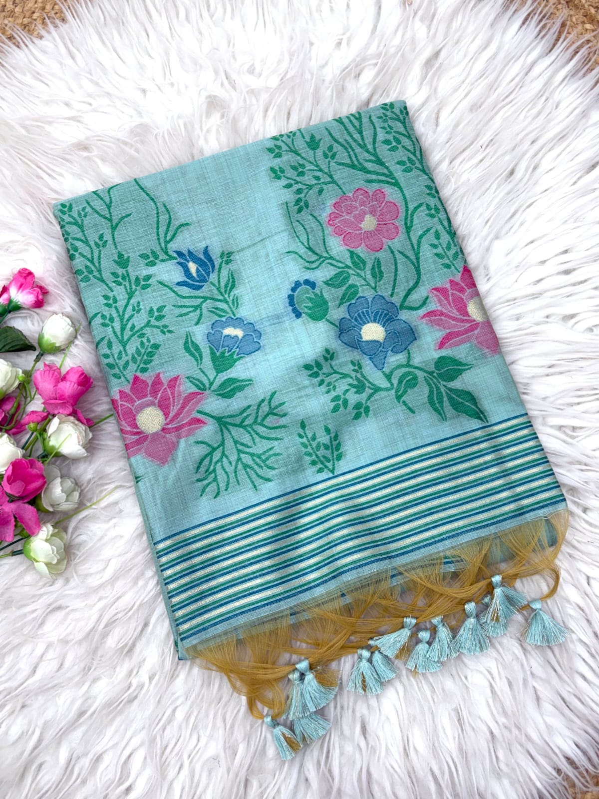 Sky Blue Premium Floral Tussar Resham Saree