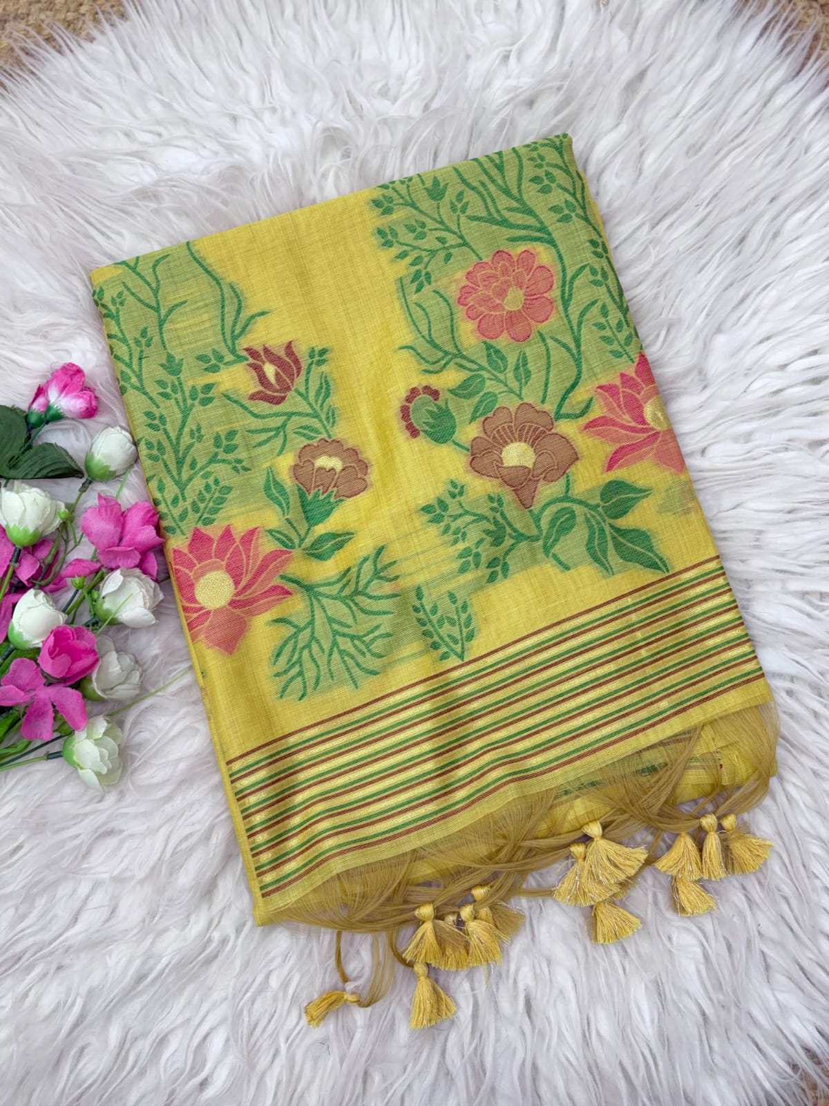 Yellow Premium Floral Tussar Resham Saree