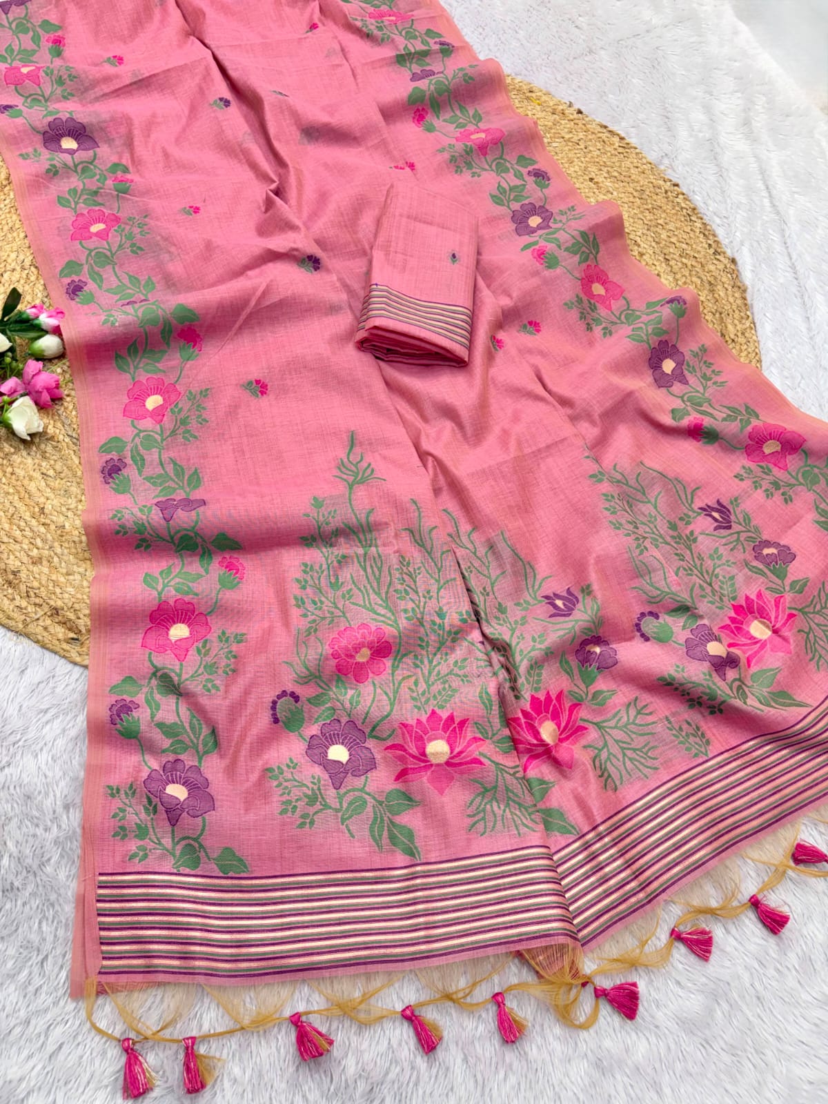 Pink Premium Floral Tussar Resham Saree