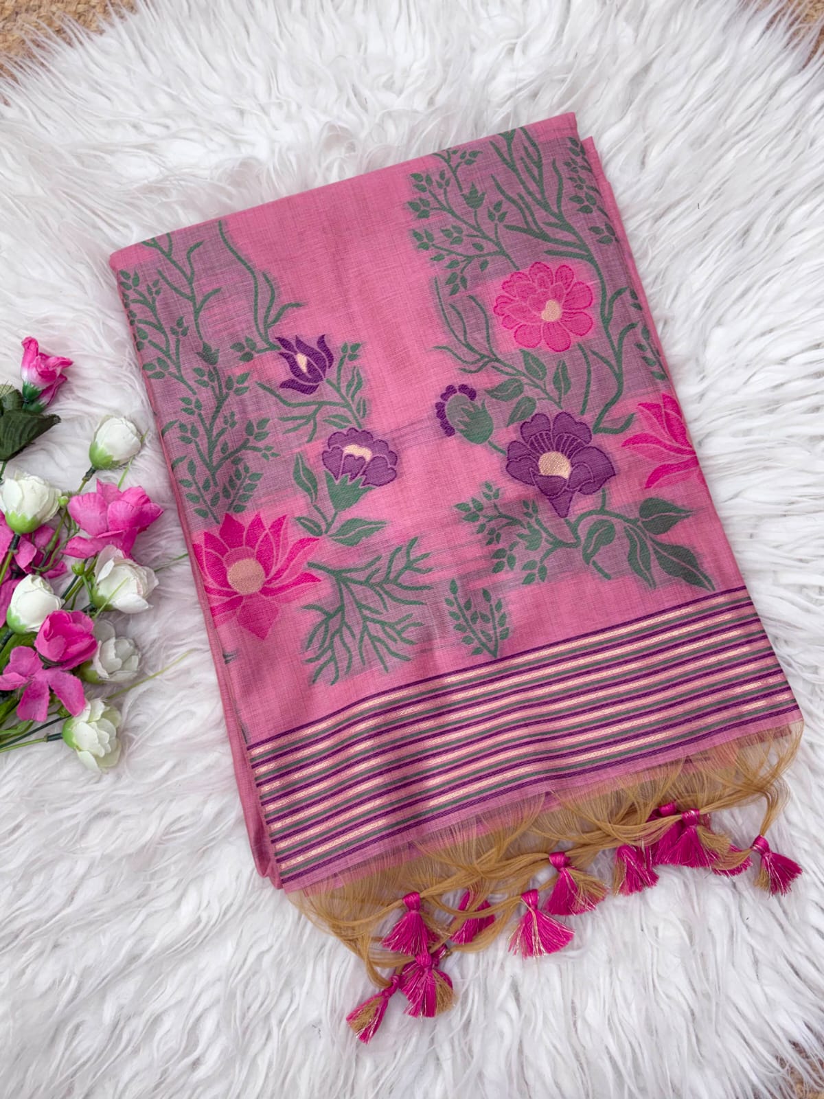 Pink Premium Floral Tussar Resham Saree