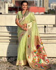 Pista Green Organza Silk Paithani Fusion Rajhans Border and Pallu
