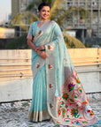 Sky Blue Organza Silk Paithani Fusion Rajhans Border and Pallu