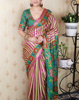 Pink Soft Tussar Silk Striped & Floral Printed Saree