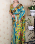 Blue Soft Tussar Silk Striped & Floral Printed Saree