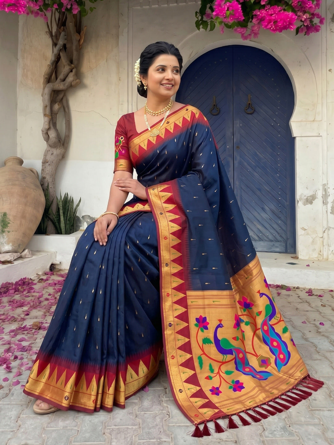 Black Vidya Balan Inspired Muniya Temple Paithani Silk Saree