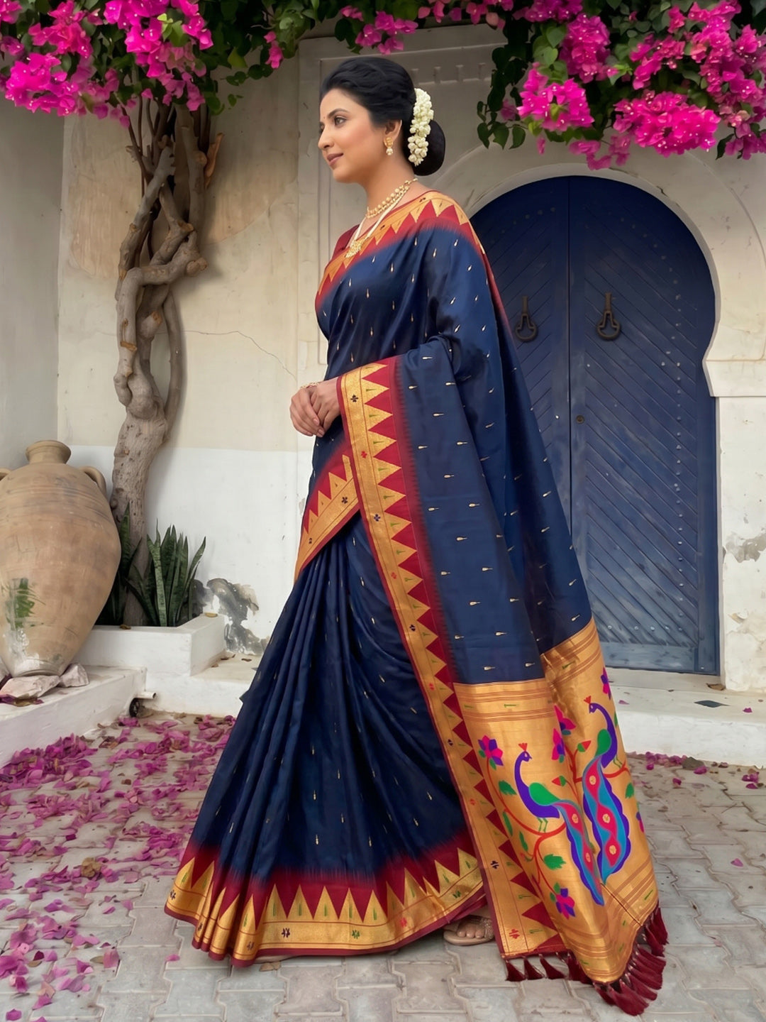 Black Vidya Balan Inspired Muniya Temple Paithani Silk Saree