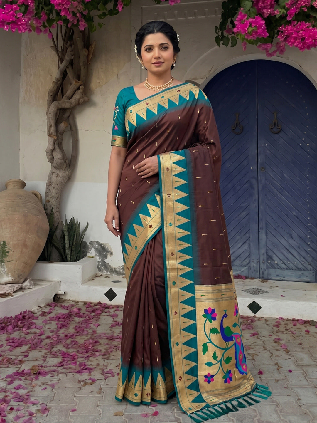 Coffee Vidya Balan Inspired Muniya Temple Paithani Silk Saree