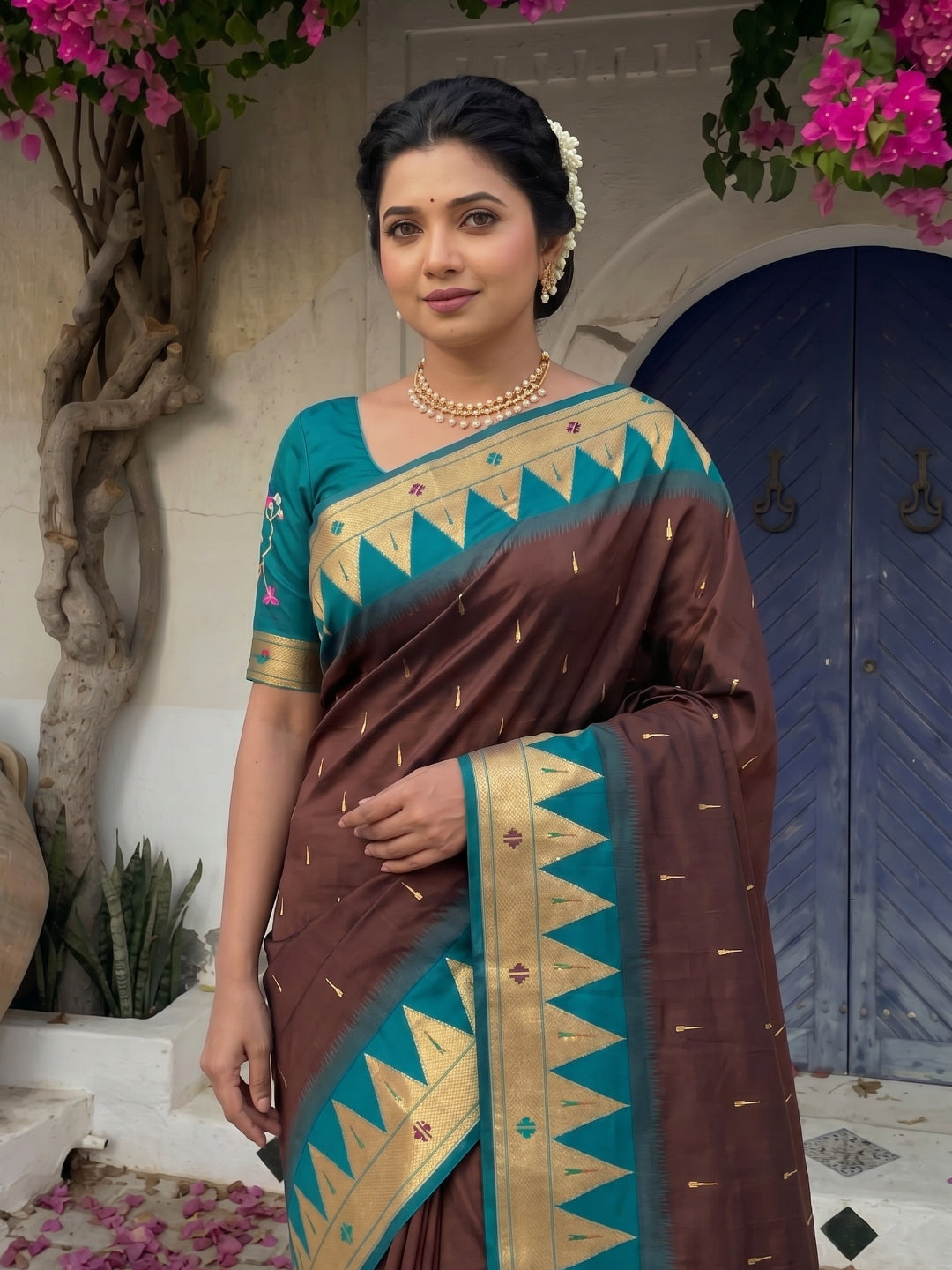 Coffee Vidya Balan Inspired Muniya Temple Paithani Silk Saree