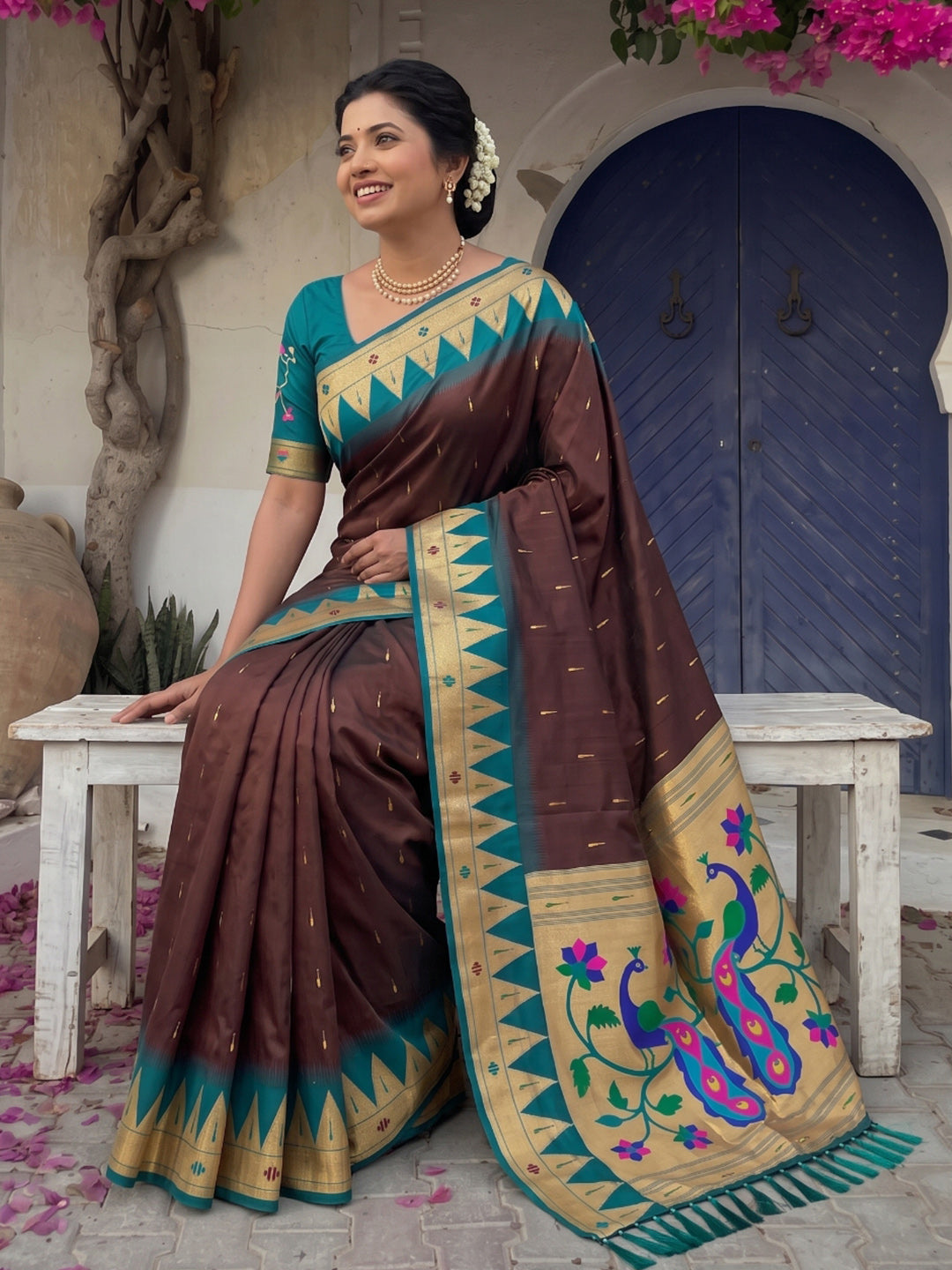 Coffee Vidya Balan Inspired Muniya Temple Paithani Silk Saree
