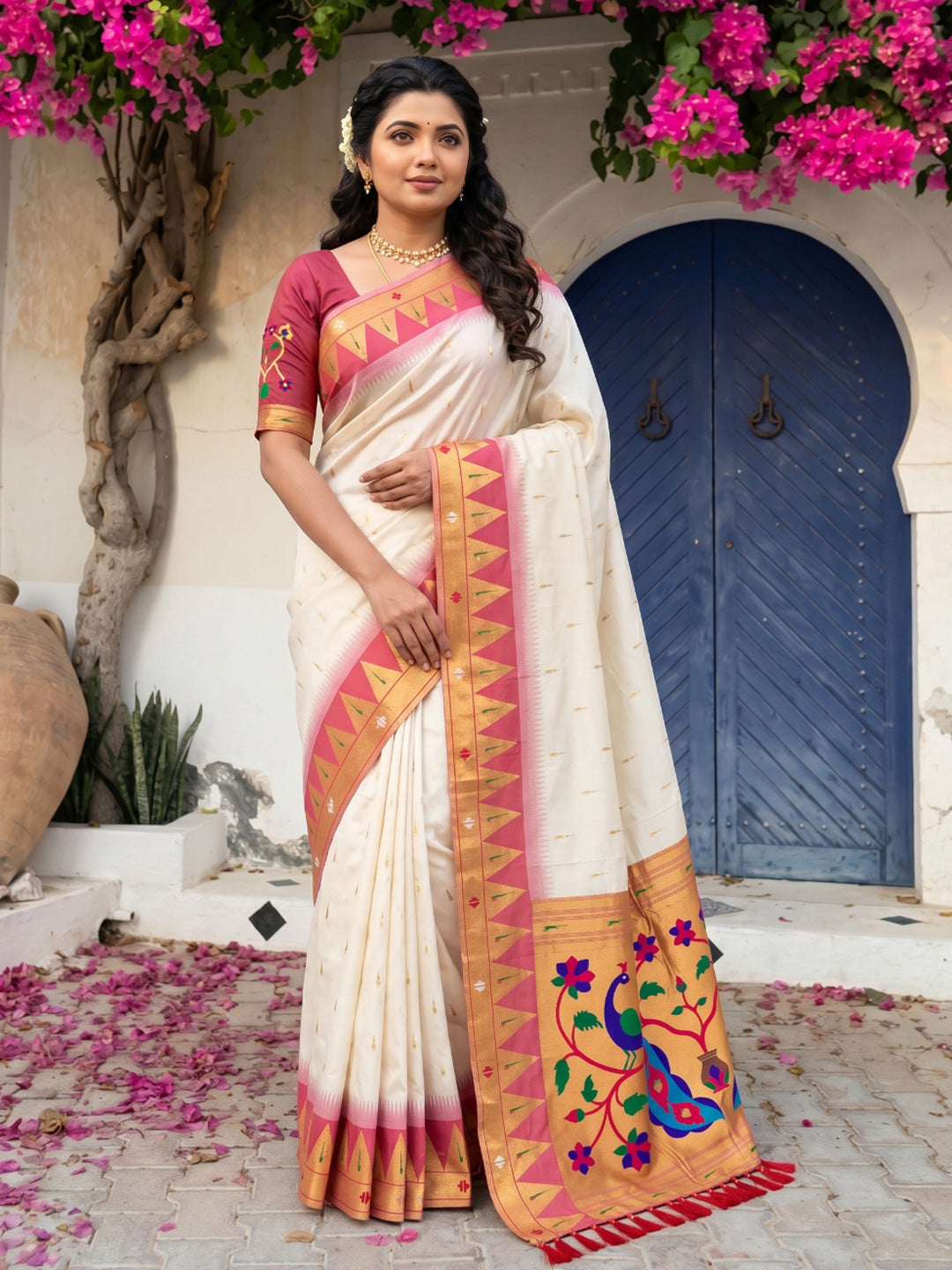 Cream Vidya Balan Inspired Muniya Temple Paithani Silk Saree